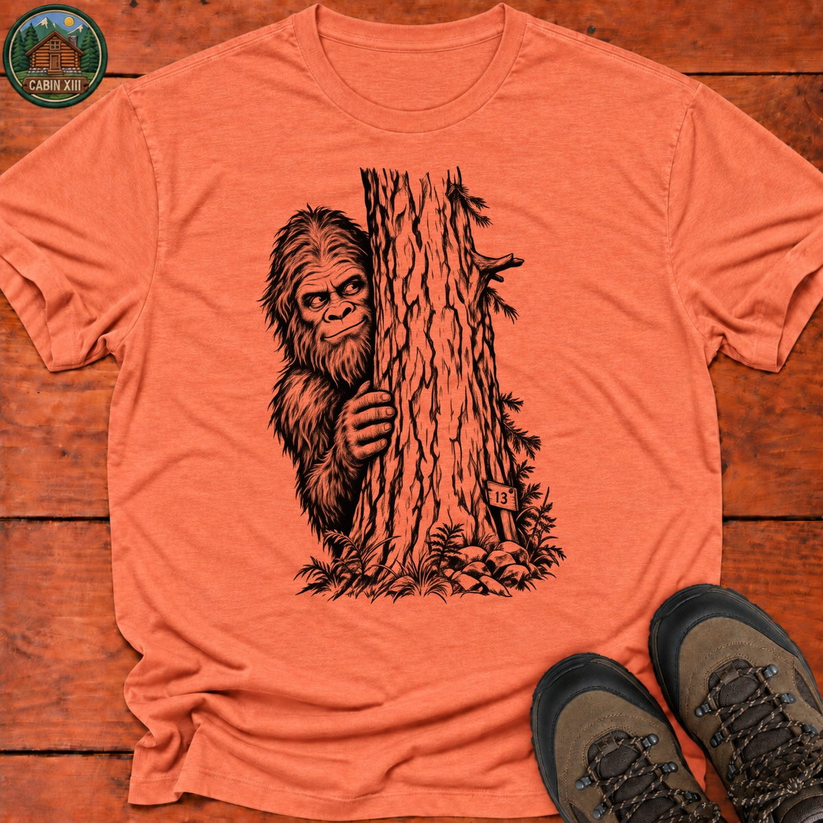 Bigfoot Hiding Sketch T-Shirt — Heather Orange
