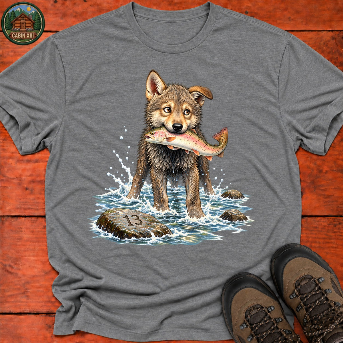 Wolf Pup Fishing T-Shirt — Graphite Heather