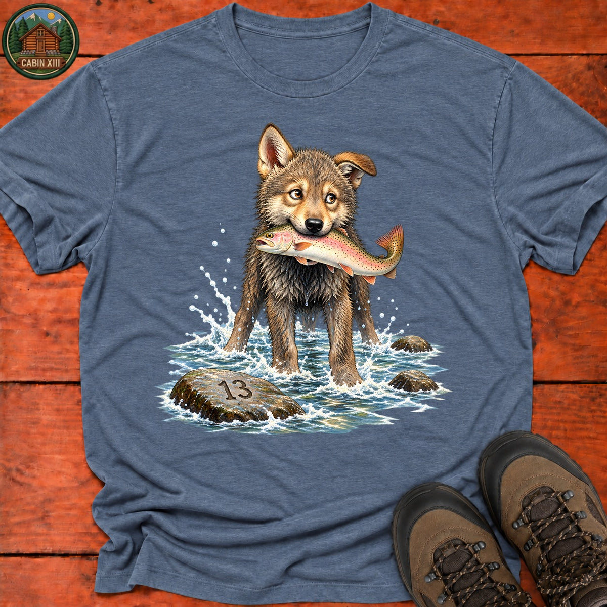Wolf Pup Fishing T-Shirt — Heather Indigo