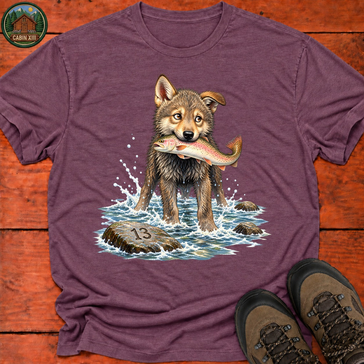 Wolf Pup Fishing T-Shirt — Heather Maroon
