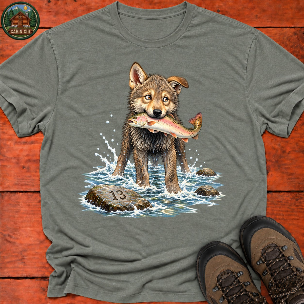 Wolf Pup Fishing T-Shirt — Heather Military Green