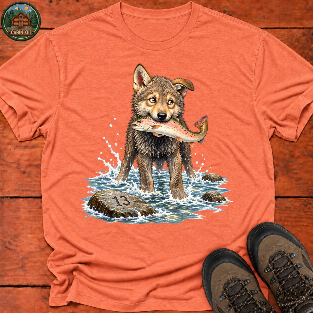 Wolf Pup Fishing T-Shirt — Heather Orange