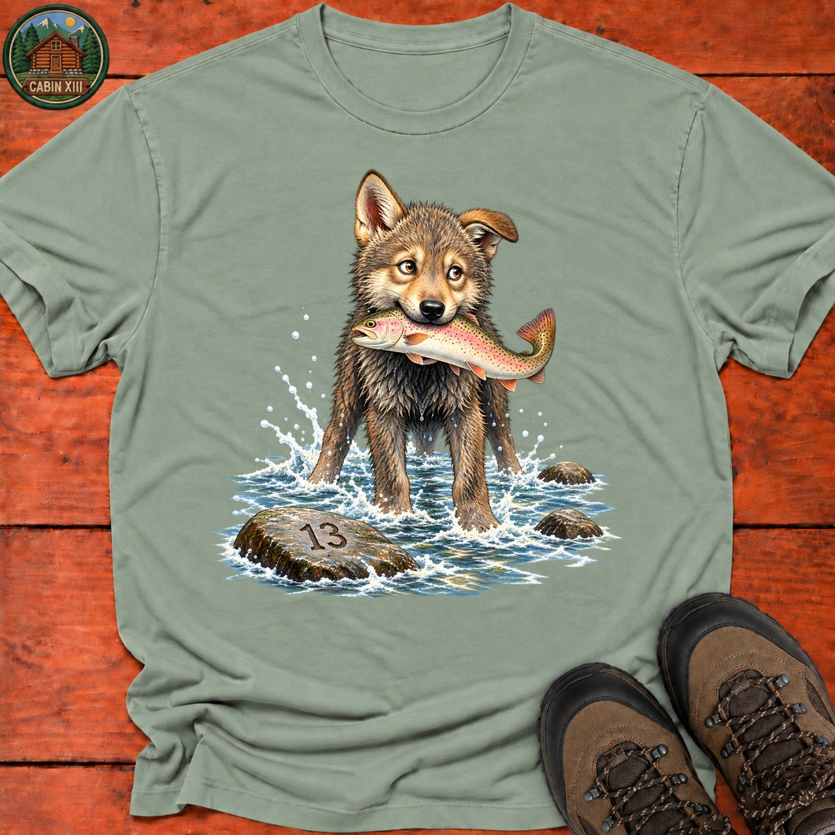 Wolf Pup Fishing T-Shirt — Sage