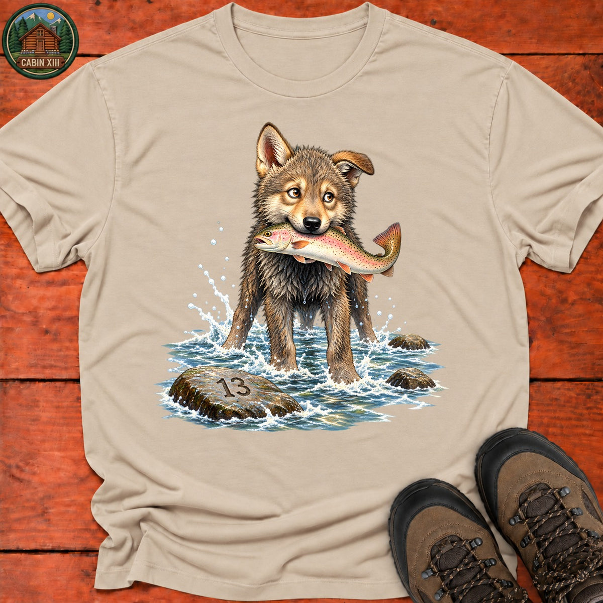 Wolf Pup Fishing T-Shirt — Sand