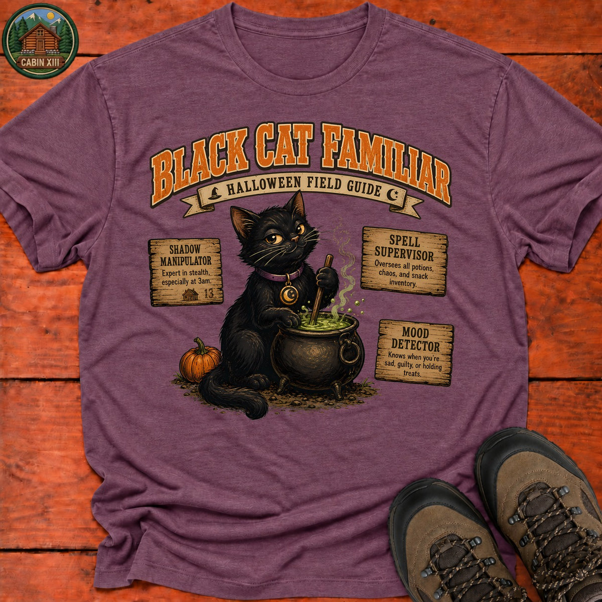 Black Cat Familiar Field Guide T-Shirt — Heather Maroon
