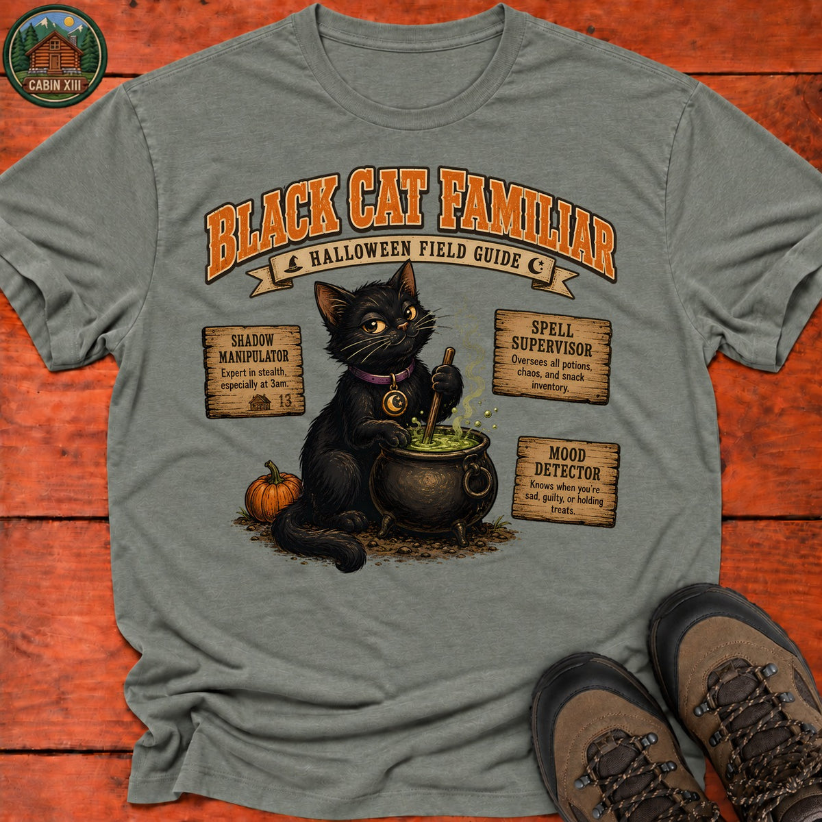 Black Cat Familiar Field Guide T-Shirt — Heather Military Green
