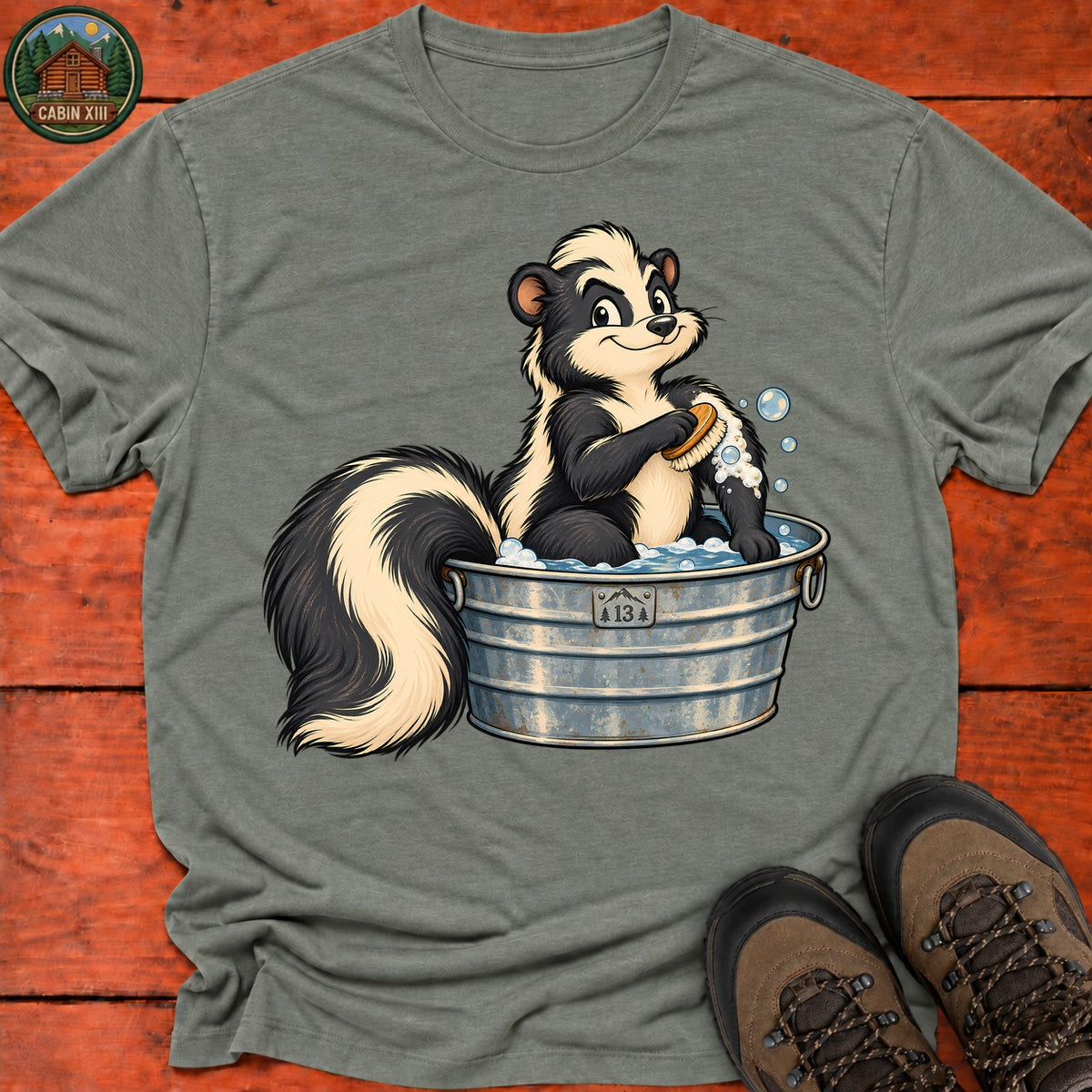 Skunk Bathing T-Shirt — Heather Military Green