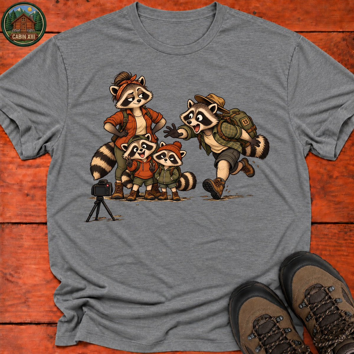 Raccoon Family Photo T-Shirt — Graphite Heather