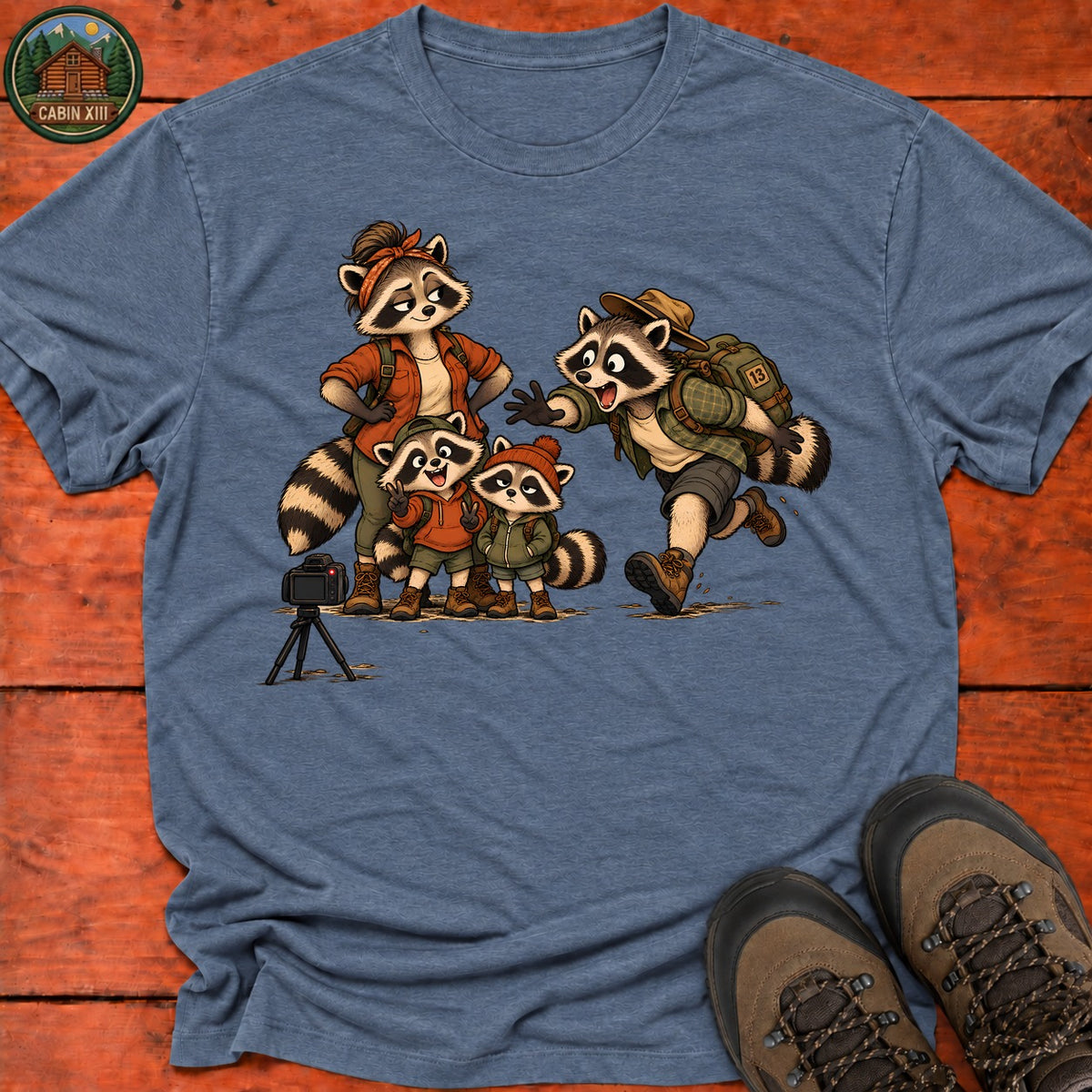 Raccoon Family Photo T-Shirt — Heather Indigo