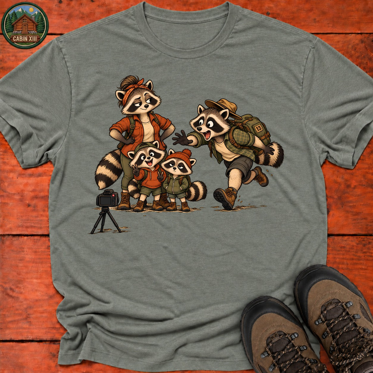 Raccoon Family Photo T-Shirt — Heather Military Green