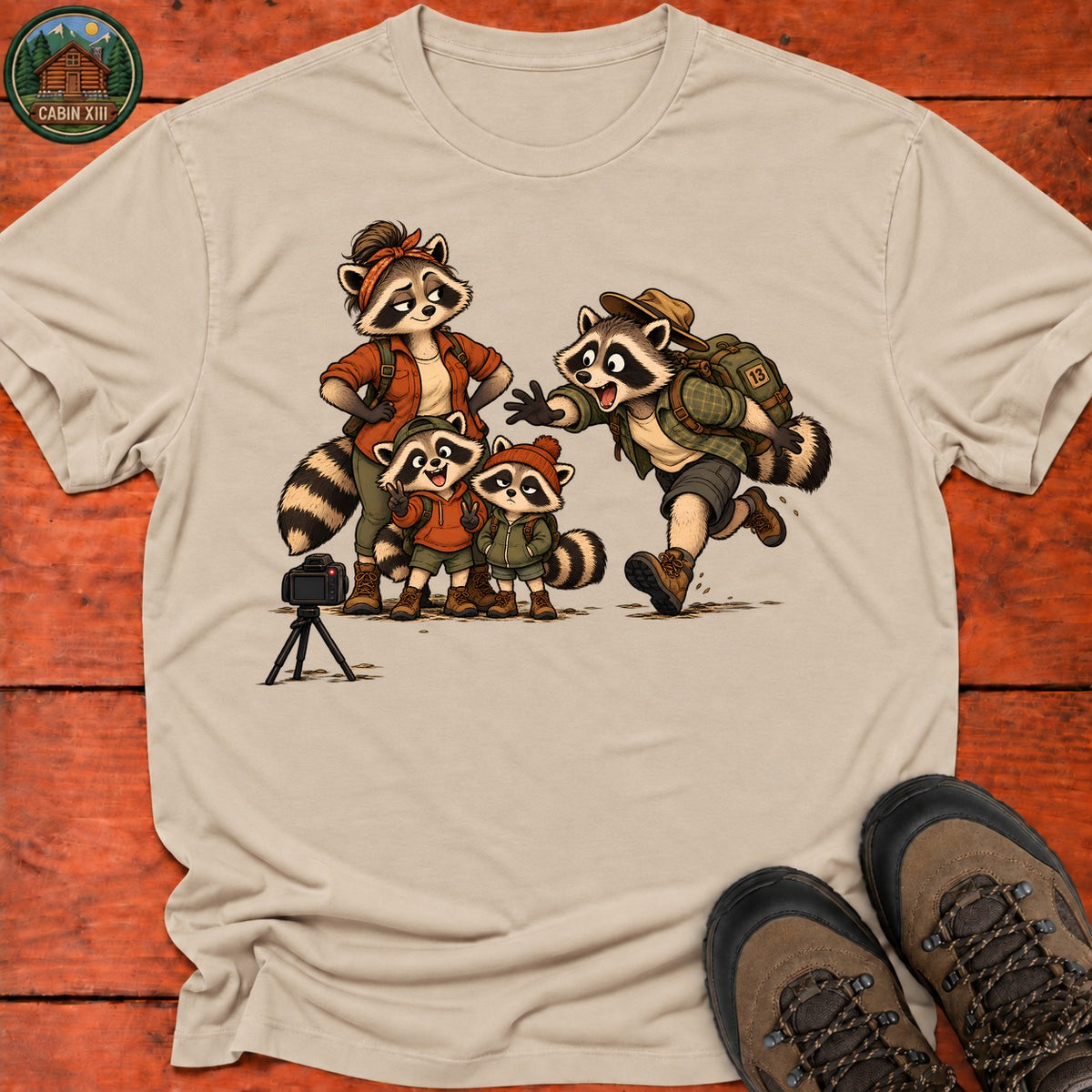 Raccoon Family Photo T-Shirt — Sand