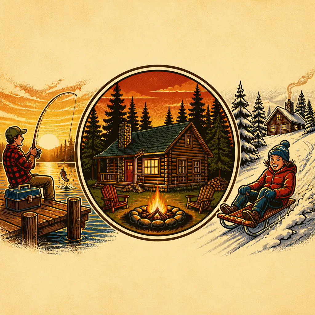 Cabin Thirteen homepage hero - camping, fishing, snow
