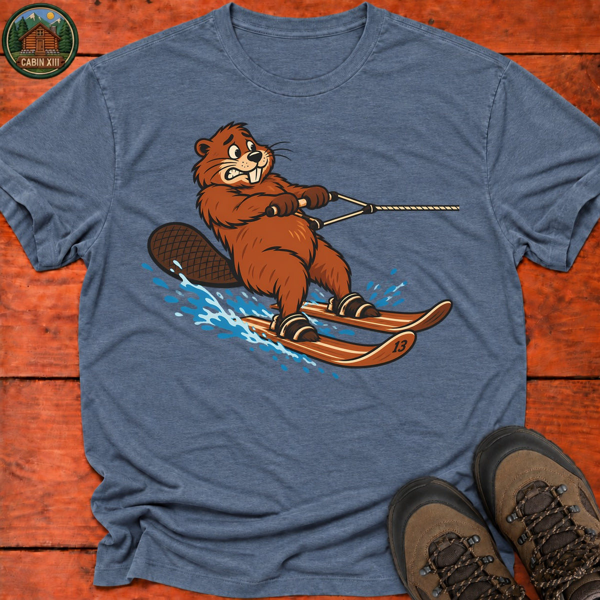 Beaver Waterskiing T-Shirt — Heather Indigo