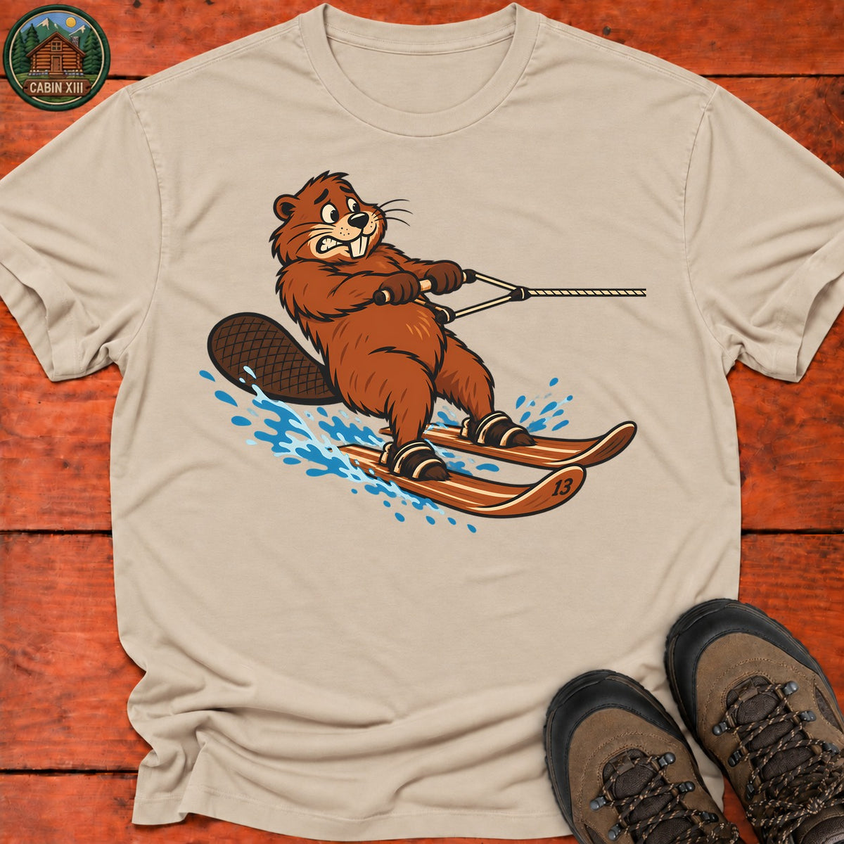 Beaver Waterskiing T-Shirt — Sand