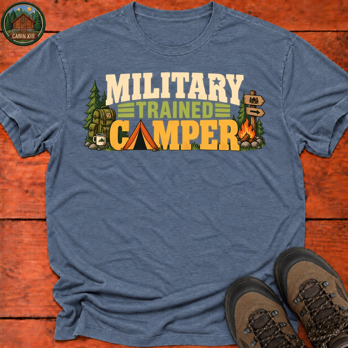Military Trained Camper T-Shirt — Heather Indigo