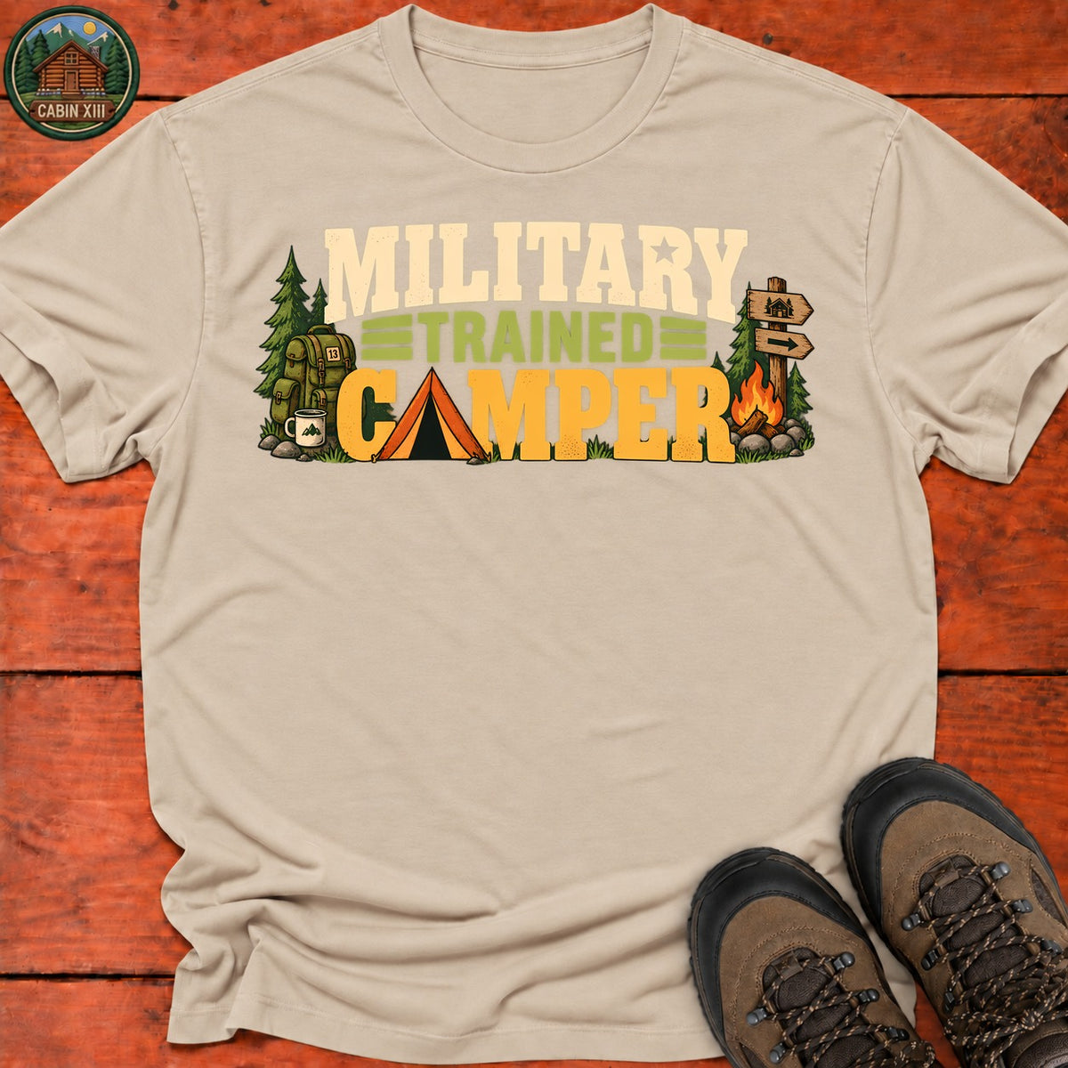 Military Trained Camper T-Shirt — Sand