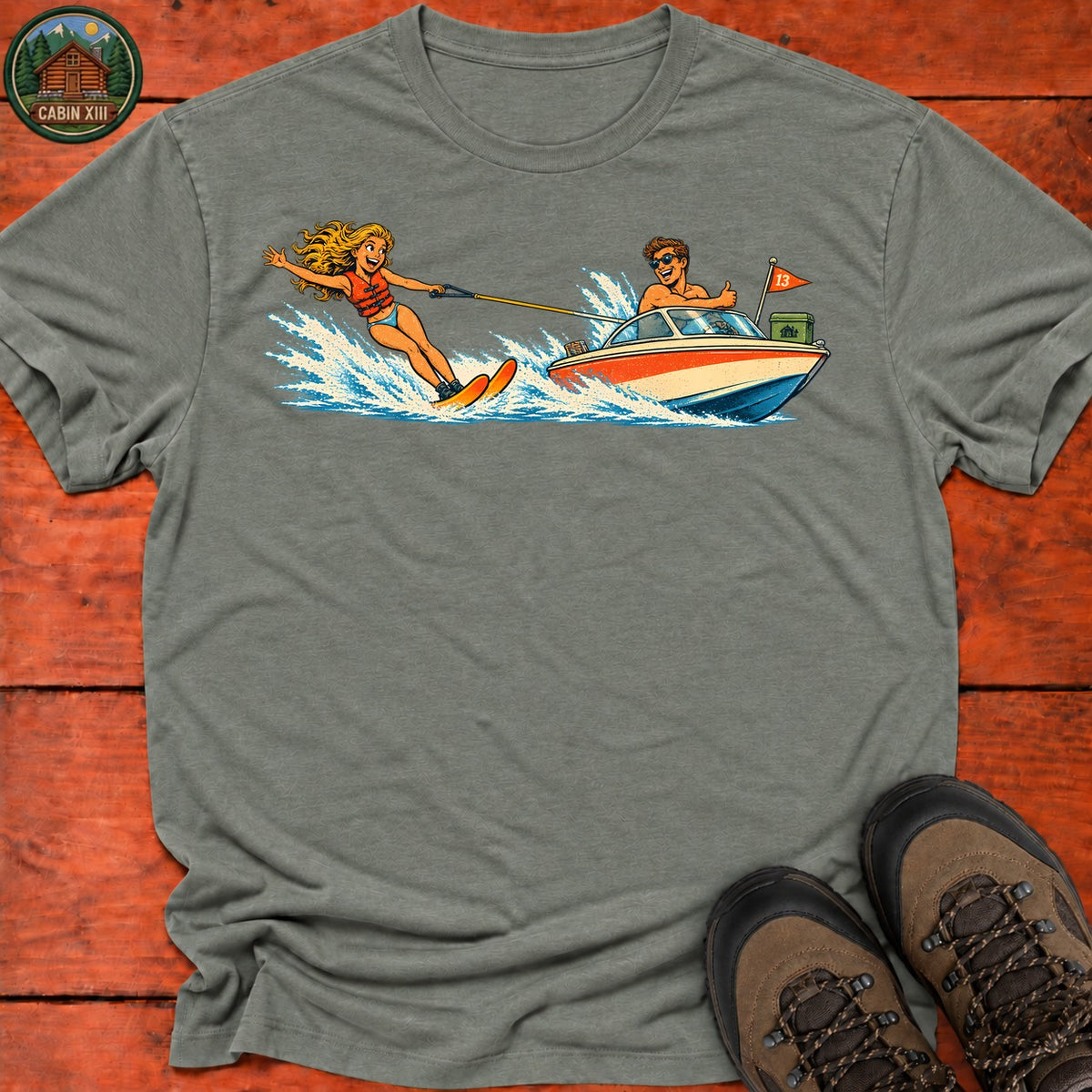 Waterskiing T-Shirt — Heather Military Green