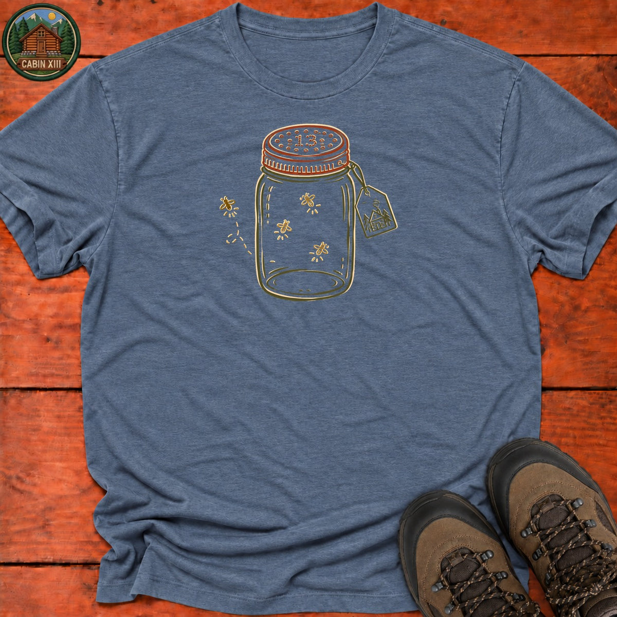 Firefly Lantern Line Art T-Shirt — Heather Indigo