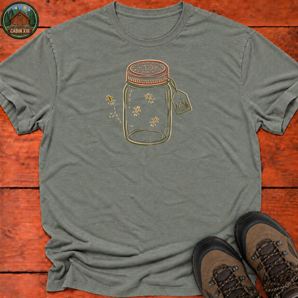 Firefly Lantern Line Art T-Shirt — Heather Military Green