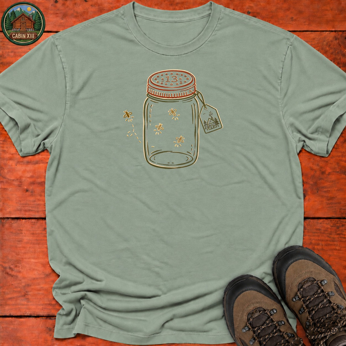 Firefly Lantern Line Art T-Shirt — Sage