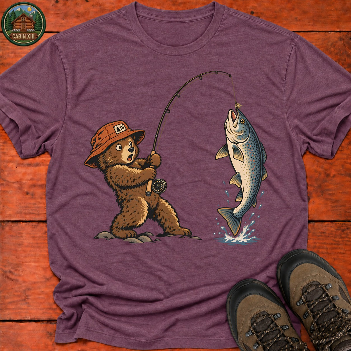 Bear Cub Fishing T-Shirt — Heather Maroon