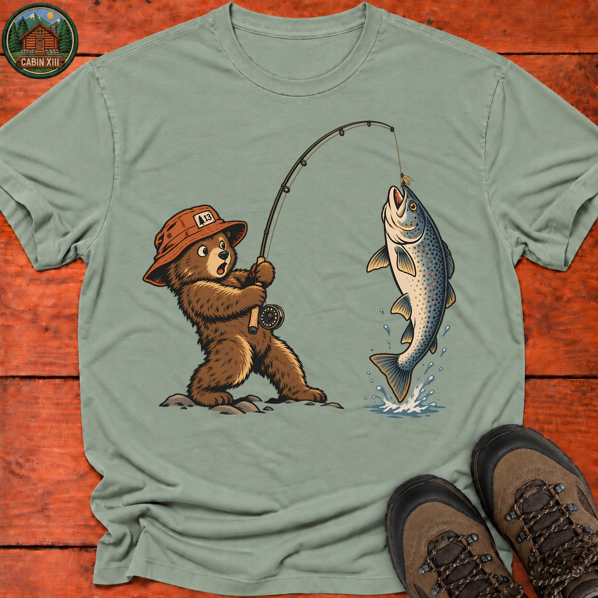 Bear Cub Fishing T-Shirt — Sage