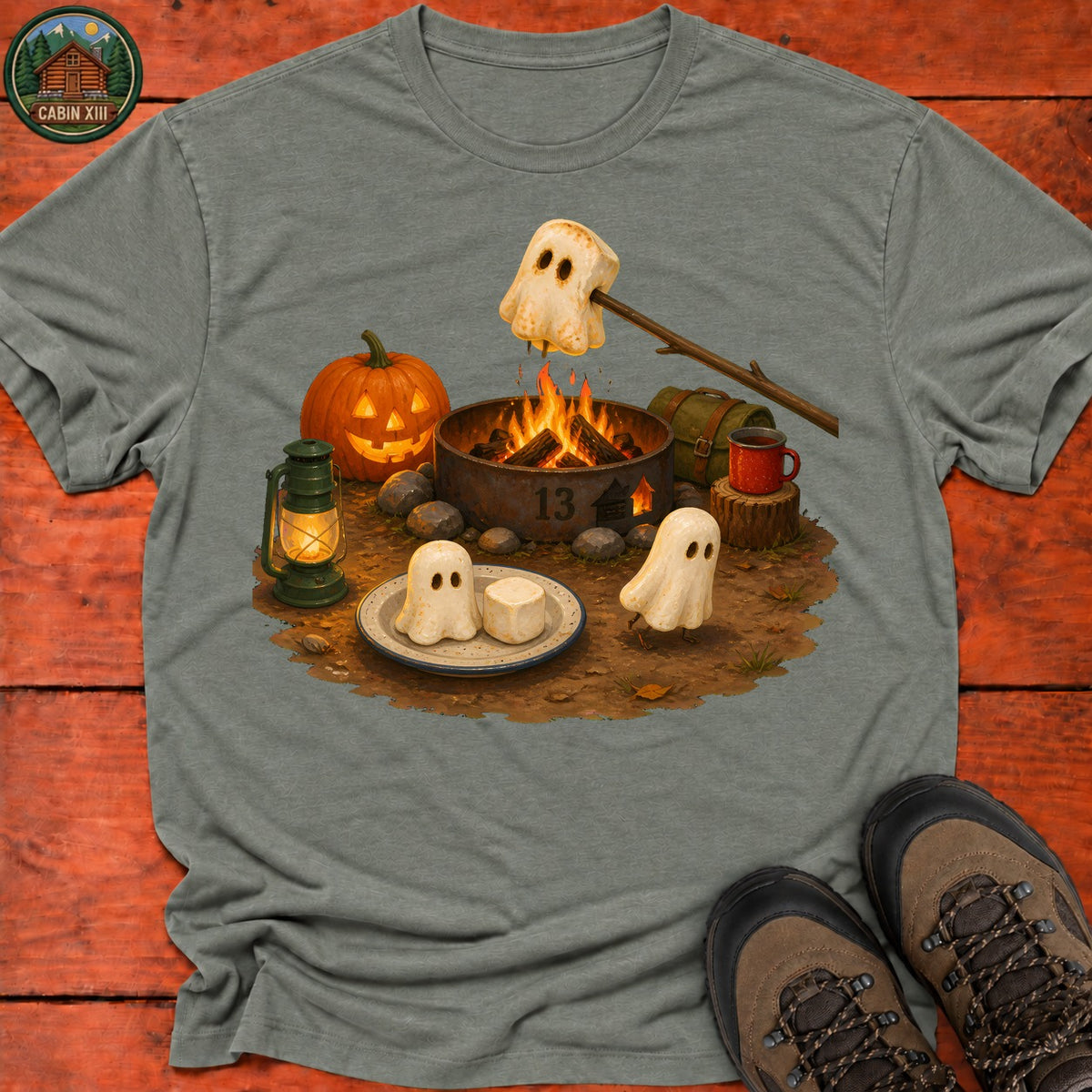 Marshmallow Ghosts Halloween T-Shirt — Heather Military Green