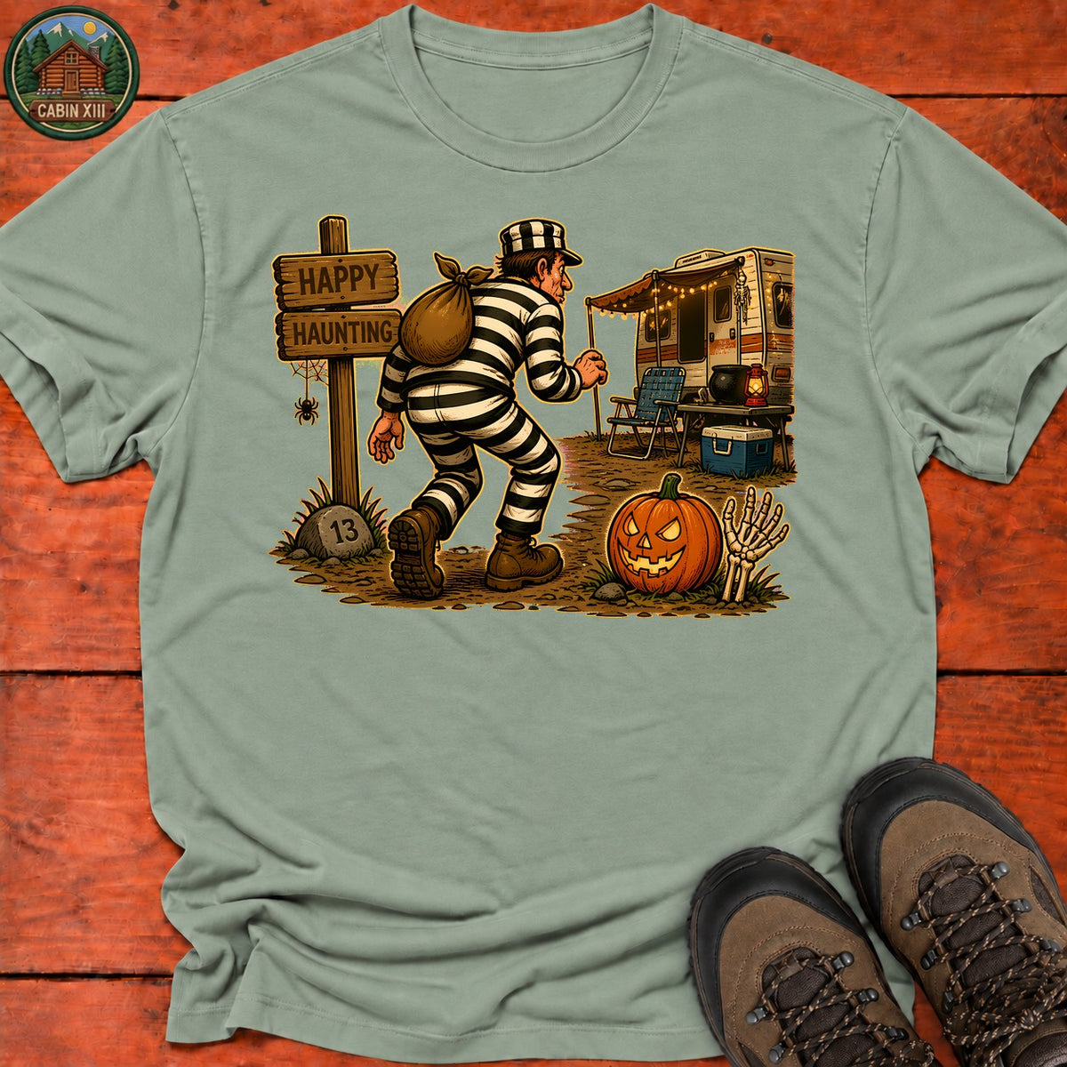 Escaped Convict Halloween T-Shirt — Sage