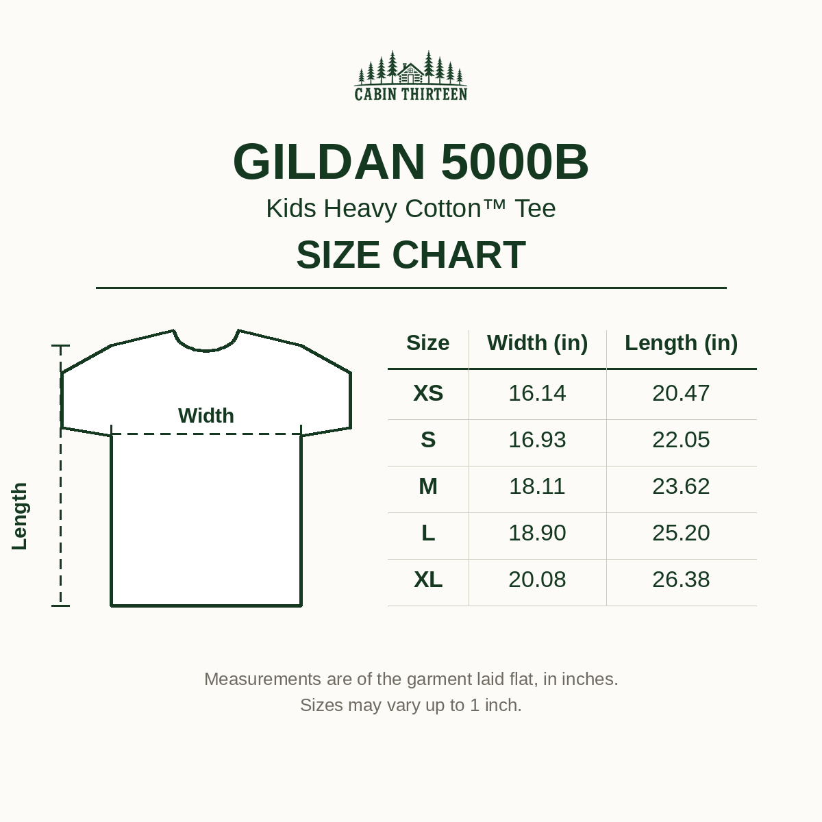 Gildan 5000B Kids Heavy Cotton Tee size chart - width and length in inches